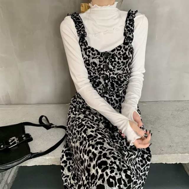 ワンピース ロング レディース ヒョウ柄 レオパード ジャンスカ キャミ風 モノトーン きれいめ カジュアル ワンピ ドレス フリル くしゅの通販は