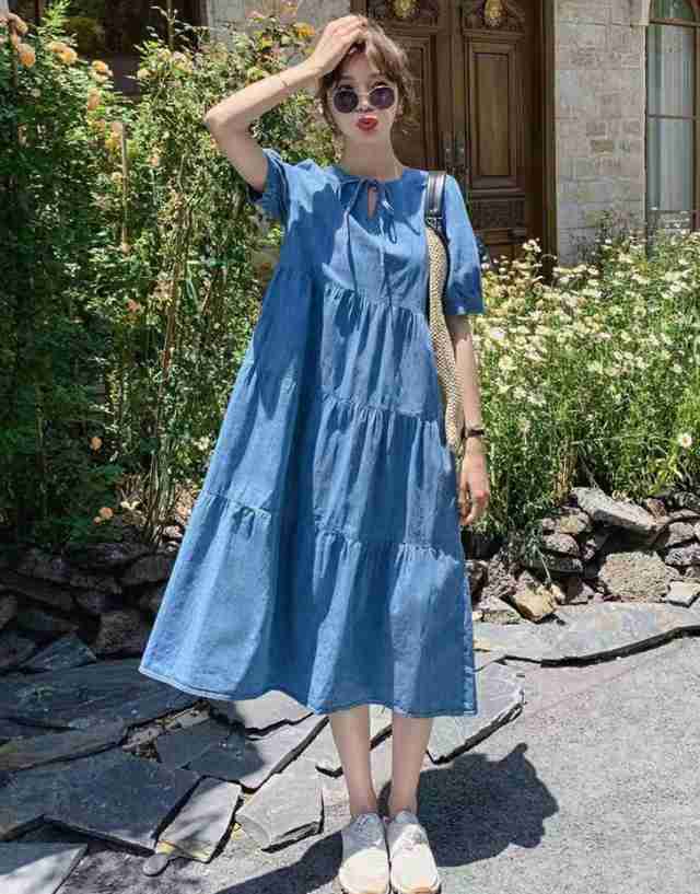 レディース デニム ワンピース 半袖 ティアードワンピース Aライン ワンピース ロング パフスリーブ シンプル カジュアル 大きいサイズの通販は 5,574円
