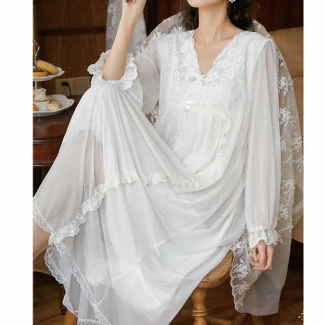 ネグリジェ レディース パジャマ 可愛い 姫系ネグリジェ ワンピース ロング 長袖 ルームウェア 部屋着 レースパジャマ ナイトウェア 夏用の通販は 7,104円