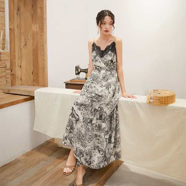 春 夏 ドレス ワンピース フレア ロング 動物 アニマル 黒 白 モノトーン かっこいい ワンピドレス 個性的 キャミソール ノースリーブ レの通販は 7,626円