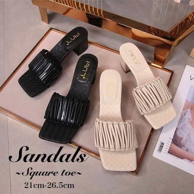 スクエアトゥサンダル イントレチャート 太めヒール チャンキーヒール ミュール 上品 大人 女性 エレガント 高級感 セクシー 春夏秋 21cmの通販は 5,324円