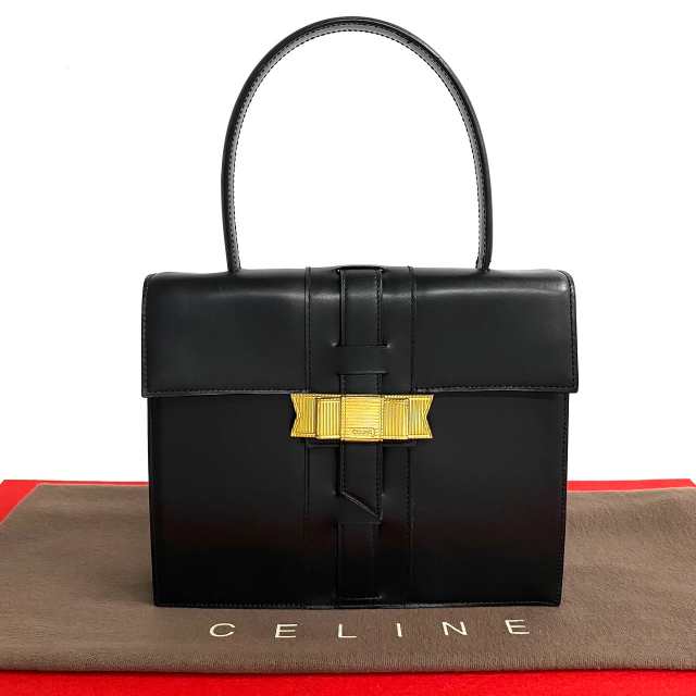 CELINE セリーヌ リボンロゴ 金具 カーフ レザー ハンドバッグ ブラック 03-10