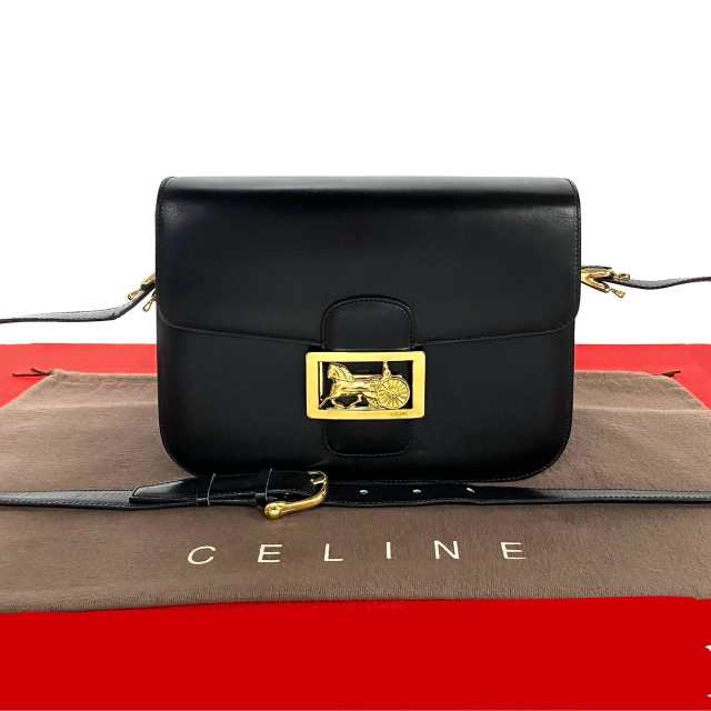 CELINE セリーヌ ロゴ 馬車金具 カーフ レザー ショルダーバッグ ブラック 54-10