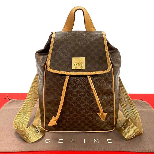 CELINE セリーヌ マカダム ブラゾン 柄 ロゴ リング 金具 レザー PVC リュックサック ブラウン d35-9