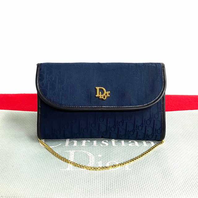 Christian Dior ディオール トロッター 柄 ロゴ 金具 キャンバス レザー ショルダーバッグ ネイビー 17307