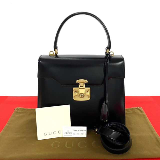 GUCCI グッチ ロゴ 2way カーフ レザー ショルダーバッグ ブラック 03228