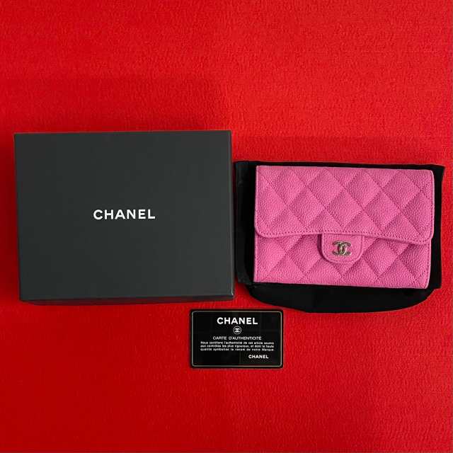 CHANEL シャネル キャビアスキン マトラッセ ココマーク マットキャビアスキン 二つ折り財布 ピンク 27624