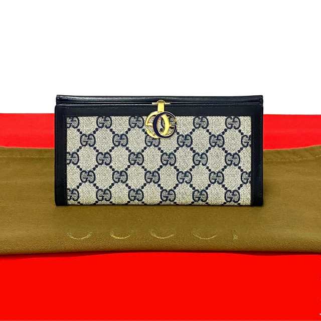 GUCCI グッチ GG 柄 ロゴ 金具 レザー PVC 長財布 ネイビー 17057