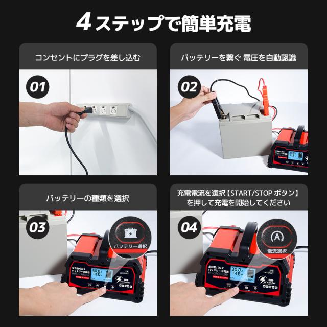 LVYUAN 全自動パルスバッテリー充電器 30A 12V&24Vの鉛バッテリー/12Vリン酸鉄リチウム対応 パルス充電 全自動 スマート充電 サルフェーション除去(脱硫) AGM/GEL車充電可能 LiFePO4対応 バイク・自動車・農機・小型船舶など 日本語説明書_12
