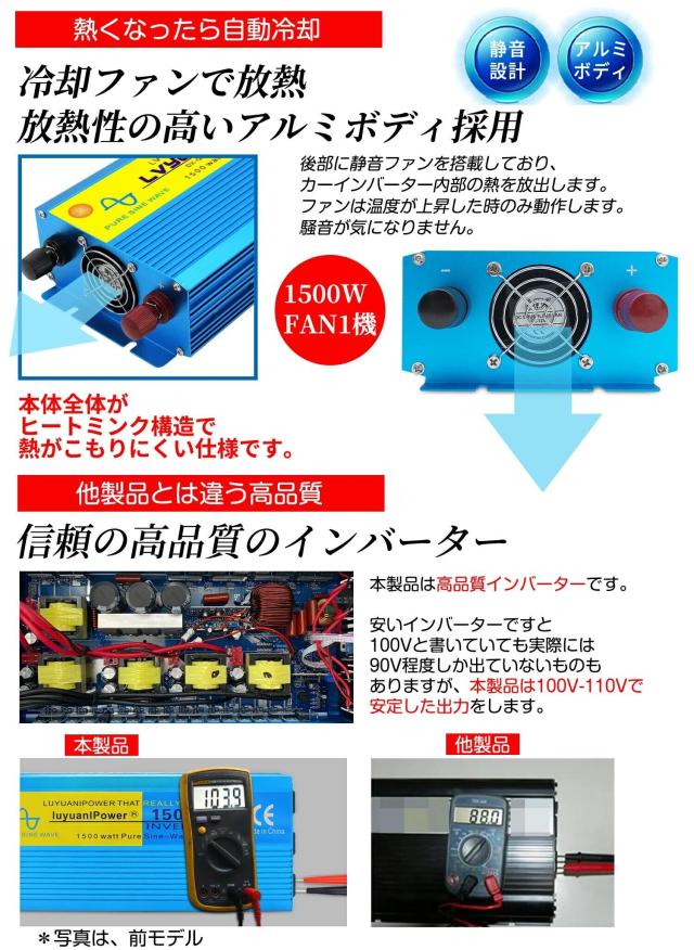 【永久保証】インバーター 正弦波 12V 100V 1500W 最大3000W DC AC 50/60HZ 直流 交流 カーインバーター 車変圧器 緊急 防災用品 LVYUAN（リョクエン）_12