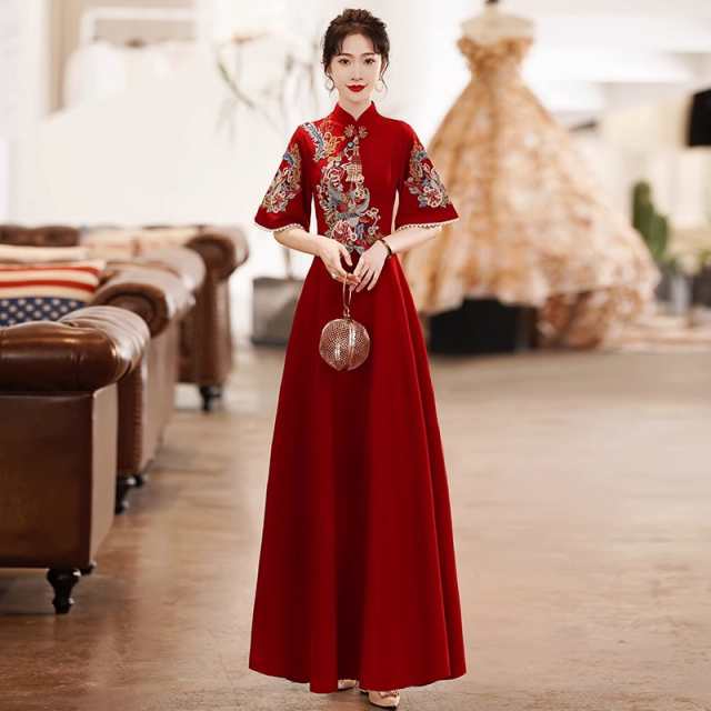 チャイナドレス ロング丈 マキシ丈 ミディアム丈 チャイナ ドレス 中国風結婚式 花嫁ドレス 七分袖 改良中華ドレス ワインレッド 金色な刺繍 中国風ウェディングドレス 中華服 チャイナ服 中華 舞台ステージ 衣装 レッドの通販は