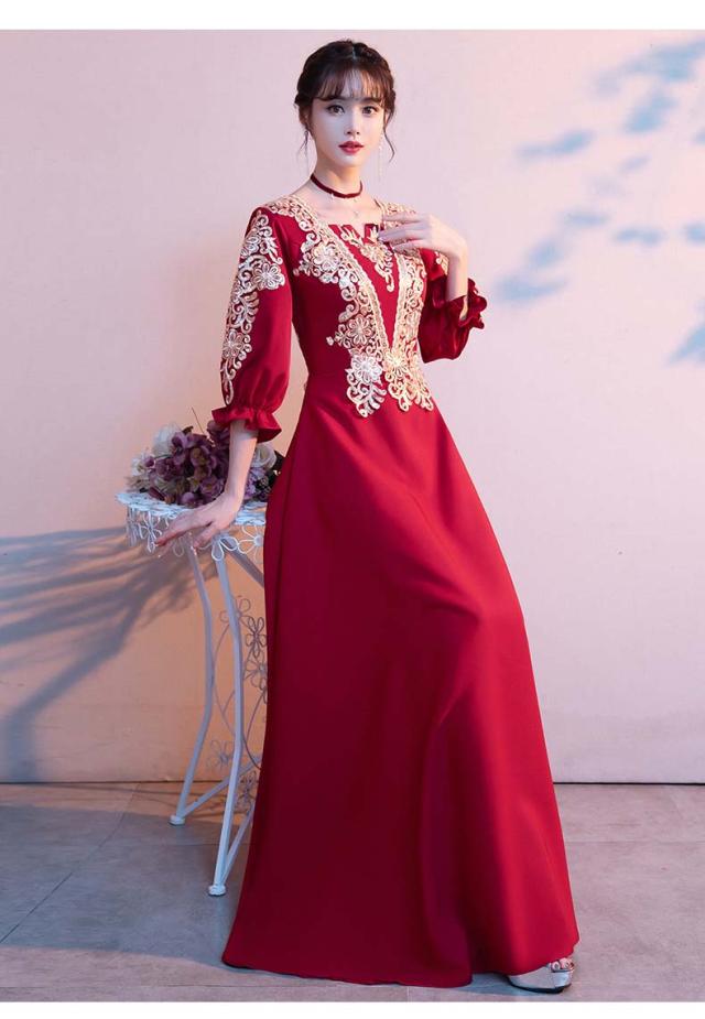 チャイナドレス ロング丈 マキシ丈 ミディアム丈 チャイナ ドレス 中国風結婚式 花嫁ドレス 七分袖 改良中華ドレス ワインレッド 金色な刺繍 中国風ウェディングドレス 中華服 チャイナ服 中華 舞台ステージ 衣装 ワインレッド