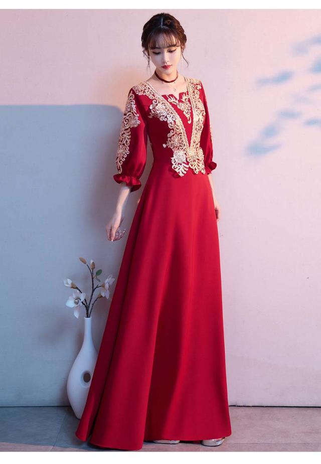 チャイナドレス ロング丈 マキシ丈 ミディアム丈 チャイナ ドレス 中国風結婚式 花嫁ドレス 七分袖 改良中華ドレス ワインレッド 金色な刺繍 中国風ウェディングドレス 中華服 チャイナ服 中華 舞台ステージ 衣装 ワインレッド