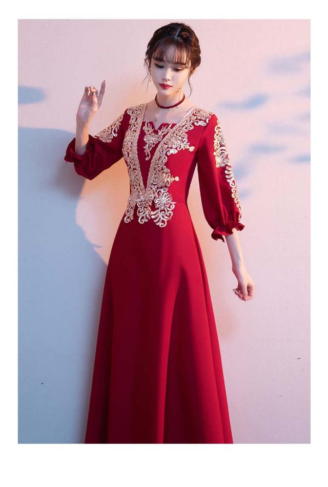 チャイナドレス ロング丈 マキシ丈 ミディアム丈 チャイナ ドレス 中国風結婚式 花嫁ドレス 七分袖 改良中華ドレス ワインレッド 金色な刺繍 中国風ウェディングドレス 中華服 チャイナ服 中華 舞台ステージ 衣装 ワインレッド