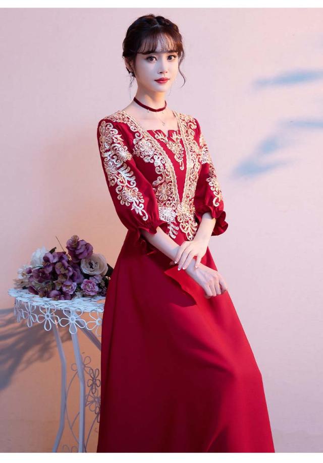 チャイナドレス ロング丈 マキシ丈 ミディアム丈 チャイナ ドレス 中国風結婚式 花嫁ドレス 七分袖 改良中華ドレス ワインレッド 金色な刺繍 中国風ウェディングドレス 中華服 チャイナ服 中華 舞台ステージ 衣装 ワインレッド