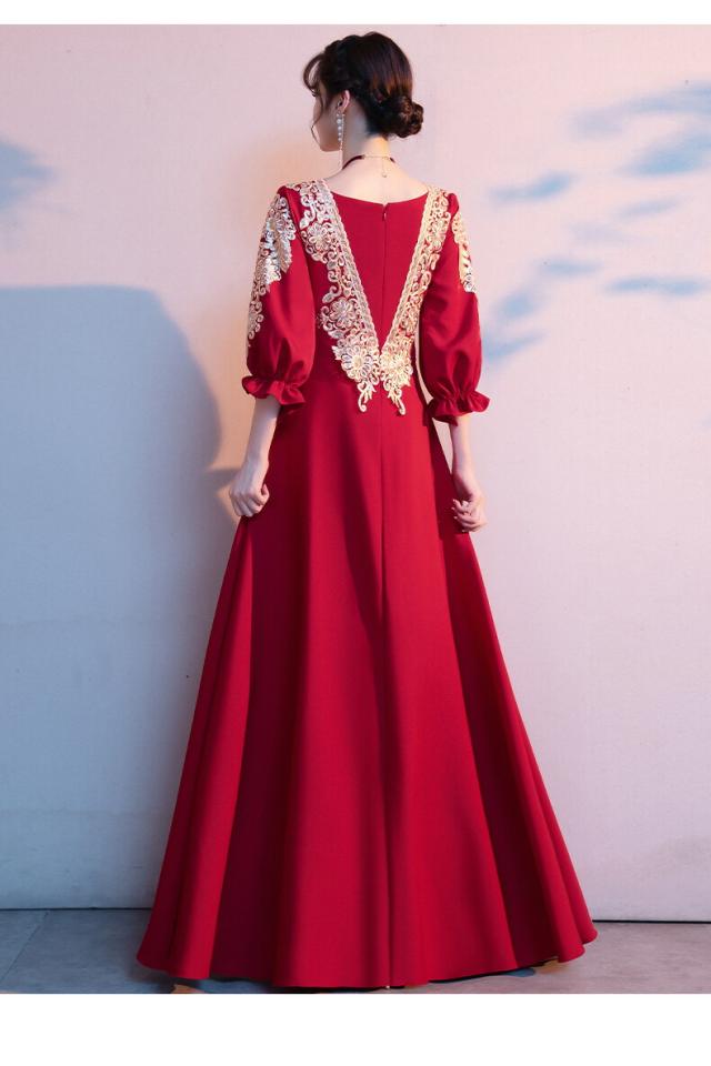 チャイナドレス ロング丈 マキシ丈 ミディアム丈 チャイナ ドレス 中国風結婚式 花嫁ドレス 七分袖 改良中華ドレス ワインレッド 金色な刺繍 中国風ウェディングドレス 中華服 チャイナ服 中華 舞台ステージ 衣装 ワインレッド