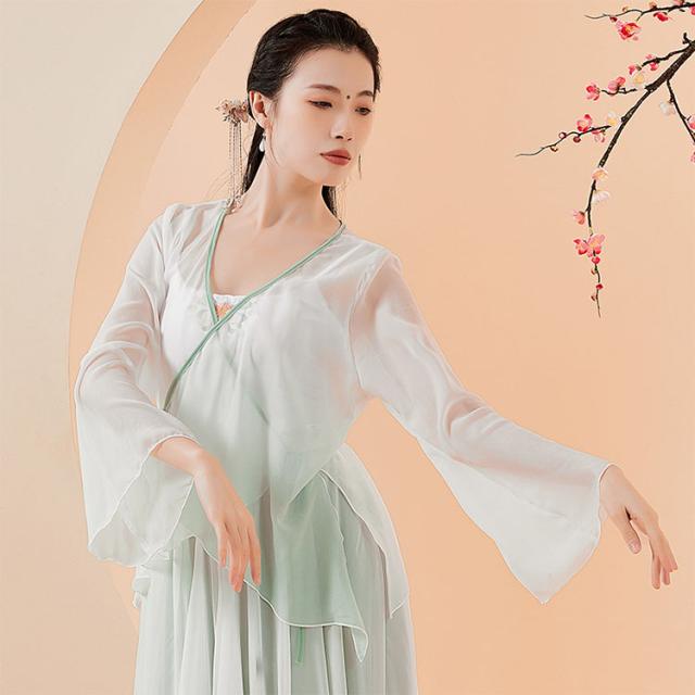 中華古典舞踊ダンス衣装 チャイナ民族 クラシカル 演目衣裳 フリル ふんわり 広がるスカート風ワイドパンツ ガウチョパンツ 配色 ひらひらシフォン重ね Ｖネック 交差ブラウス グラデーション 中国古典漢唐風 飄逸 古典バレエ モダン 民族ダンス衣裳 ピンク グリーンの通販は 5,134円