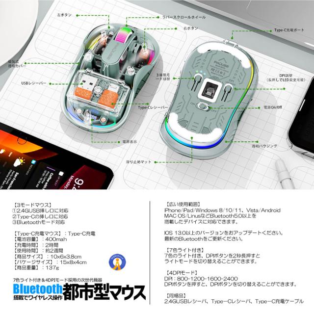 5個セット 都市型マウス 無線 ワイヤレス Bluetooth LED 静音 3モード 2.4G 透明  スケルトン 軽量 RGB ゲーミングマウス TOUMEMOS_13