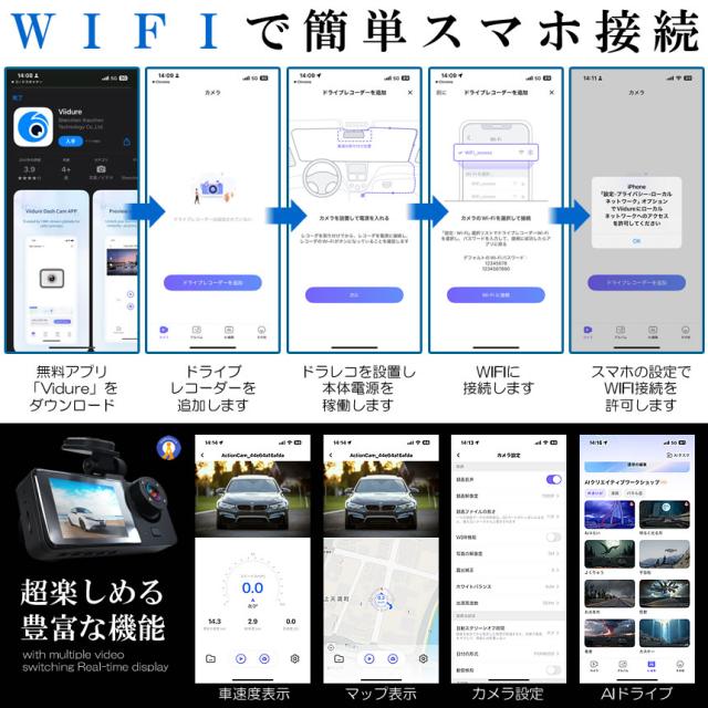 5個セット ドライブレコーダー WiFi 常時録画スマホ 3カメラ 前後 リア ドラレコ 車 暗視機能 バックカメラ GPS WIFIDORA_12