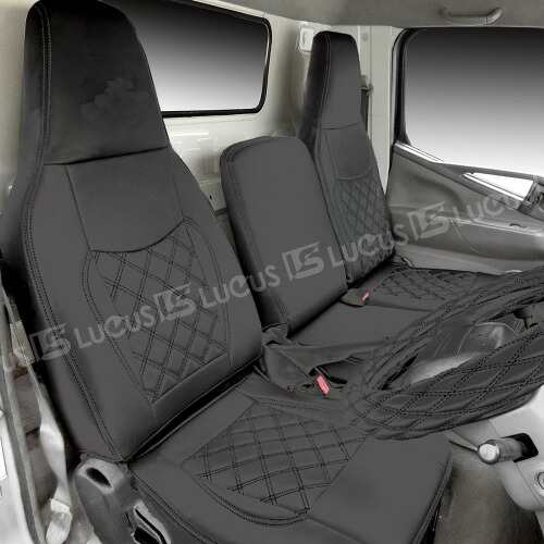 三菱ふそう ジェネレーションキャンター 標準 フロント リア シートカバー シート カバー 人気 おすすめ 運転席 助手席 後部座席 カスタム パーツ 内装 内装パーツ カスタムパーツ レザー PVC ブラック 黒 ステッチ ジェネレーション キャンター 757F/R/BKの通販は