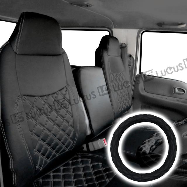 マツダ タイタンダッシュ 標準 ダブルキャブ用 フロント リア シートカバー シート カバー 人気 おすすめ 運転席 助手席 後部座席 カスタム パーツ 内装  カスタムパーツ レザー PVC ブラック 黒 ステッチ 2トン トラック カスタム マツダ タイタン 【857F/R/ML/BK】の通販は