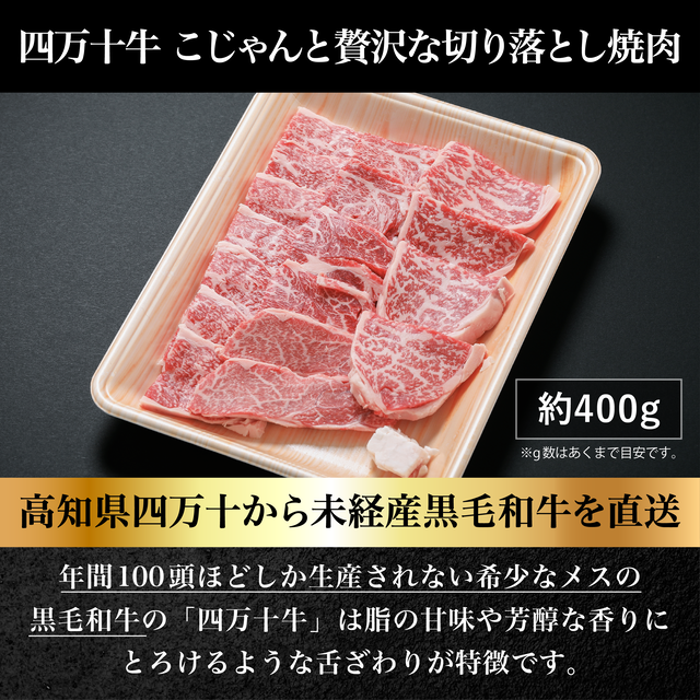 四万十牛 こじゃんと贅沢さな切り落とし焼肉400g【貨物輸送無料】高知  四万十 国産 牛 刃針牛  採草地直売 肉 牛 和牛 黒毛和牛 ご報奨金 贅沢さ 肩ロース ウデ 桃 焼肉 72b4