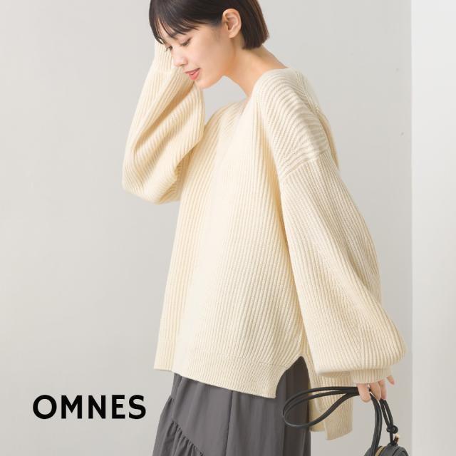 OMNES 畦編みVネック袖ボリュームニット  レディース ニット フリーサイズ カジュアル  長袖 秋冬 ぽわん袖 ボリューム袖 あぜ編み  の通販は 4,905円