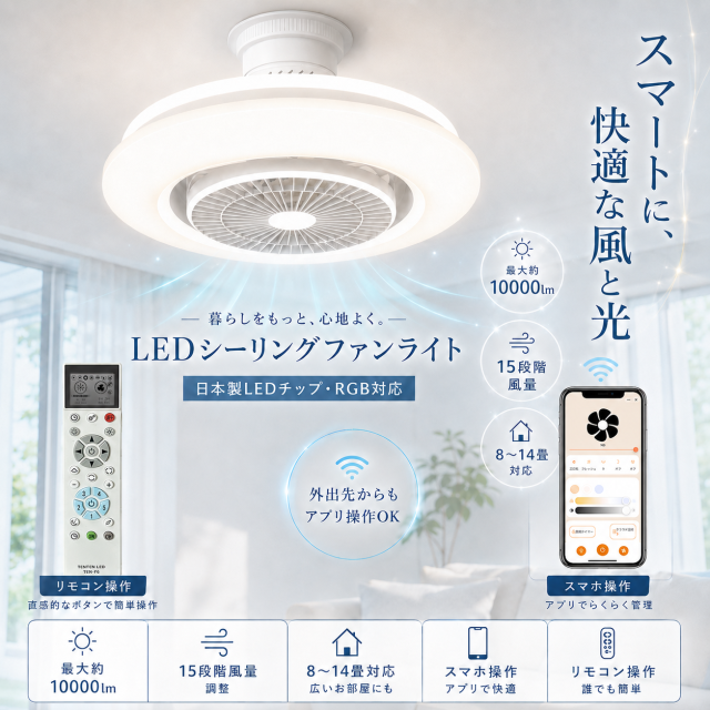 シーリングファンライト サーキュレーターライト 引掛シーリング 8畳 10畳 12畳 日本製LEDチップ RGBライト 10000lm 調光調色 15段階風量 正逆回転 360°自動首振り 角度調節 アプリ リモコン 壁スイッチ スマートスピーカー対応 タイマー 常夜灯 工事不要