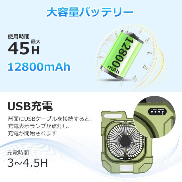 【5台セット】サーキュレーター 静音 首振り タイマー付き 扇風機 アウトドア 充電式 省エネ DCモーター 強力 ライト付き キャンプ ファン 三段階調光可能 持ち運び便利 速度調整 スマホ 卓上扇風機 USB コードレス 携帯扇風機 大容量バッテリー 多機能_6