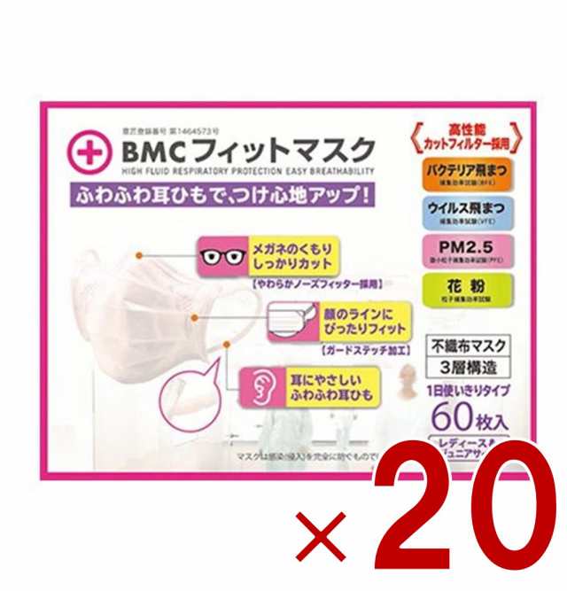 BMCフィットマスク レディース ジュニア サイズ 60枚入 マスク 女性用 子ども用 小さめ 20個