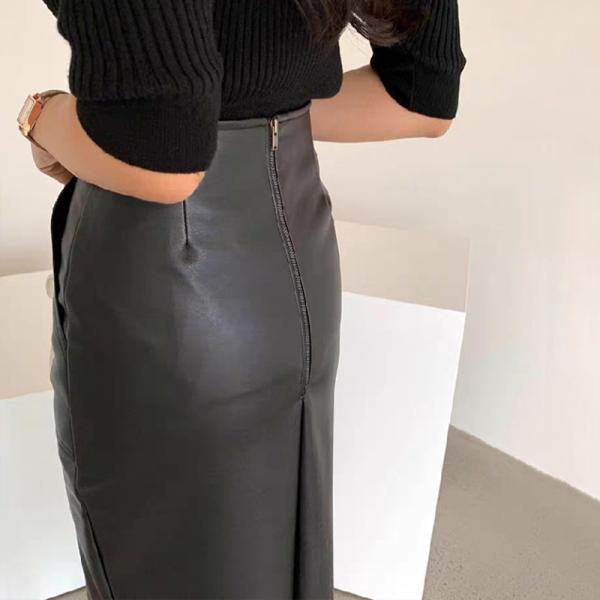 レザースカート レディース ロングスカート 本革 ミディアム丈 スリット 膝丈 ラムレザー 秋冬 ミモレ丈 Aライン 羊革 革スカート 上品 高級感_4