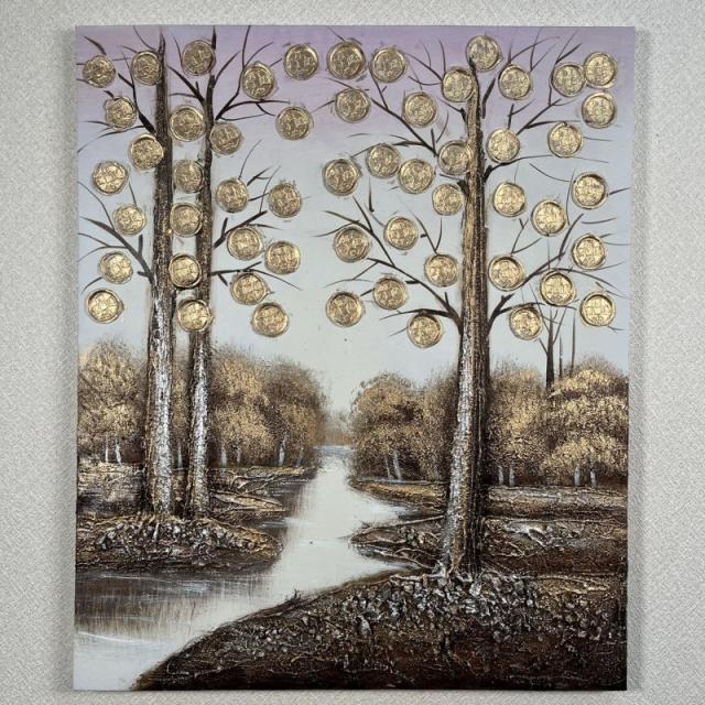 手描き油絵 ゴールデンツリー インテリア絵画 肉筆油絵 アートパネル 50×60ｃｍ 木枠張り 送料無料 プレゼント 父の日 21,754円