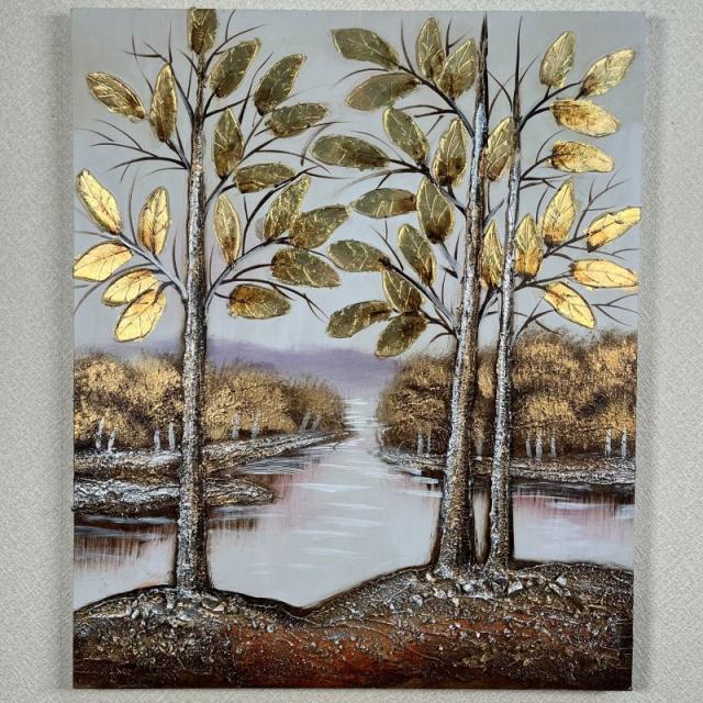 手描き油絵 ゴールデンツリー インテリア絵画 肉筆油絵 アートパネル 50×60ｃｍ 木枠張り 送料無料 プレゼント 父の日 21,456円