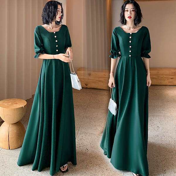 【送料無料】パーティードレス ロング丈ドレス 緑 結婚式 バブルスリーブ スクエアネック 発表会ドレス 上品 スタイルいい カクテルドレの通販は 5,543円