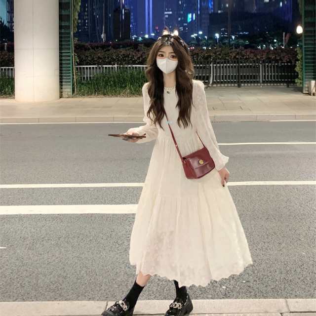 ワンピース レディース ミモレ丈 シャツワンピ レース 透け感 シアー ティアード レース襟 Aライン 長袖 クルーネック シャーリング ギャの通販は 6,304円