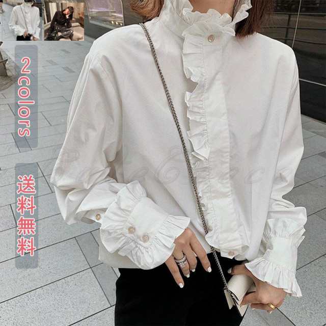 送料無料 シャツ ブラウス トップス レディース シャツブラウス 長袖 ミドル丈 立ち襟 無地 春 秋 カジュアル 白 黒 ホワイト ブラック コーデ エレガントの通販は