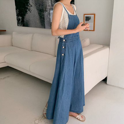 レディース サロペットスカート オールインワン ロングスカート デニム バックリボン ボタン 大人可愛い ママコーデ ママファッションの通販は 7,191円