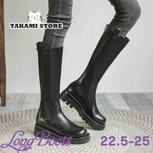 厚底ブーツ ロングブーツ レディース ストレッチ 女性 ブーツ 美脚 ブーツ コスプレ脚長 履きやすい 黒 ブラック 秋 冬 22.5cm-25.0cmの通販は