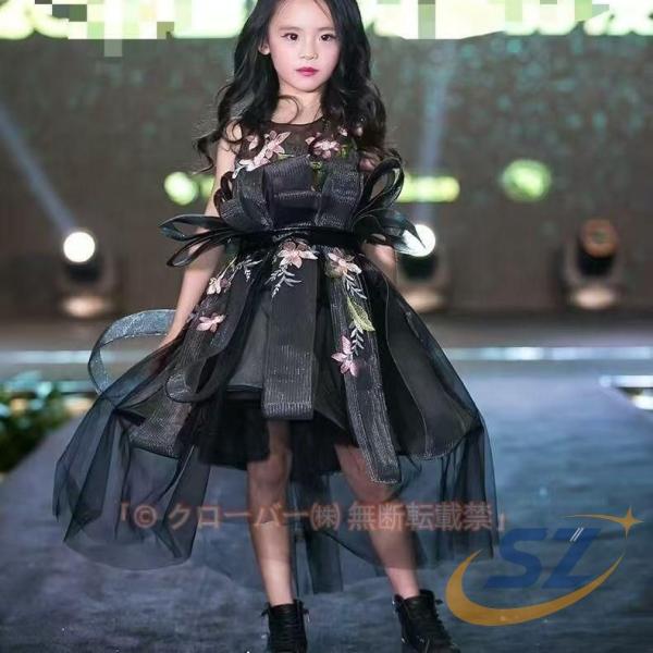 子供ドレス 黒 女の子ドレス 刺繍 花柄 ピアノ発表会ドレス 演奏会ドレス ブラック シェンヘン 女児ドレス ミモレ丈 演出服 ステージ衣装 大容量