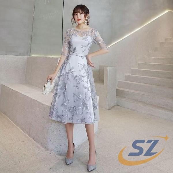パーティードレス ミモレ丈 黒 グレー 5分袖 二次会 お呼ばれドレス Aライン 30代 シェンヘン 40代 結婚式ドレス 袖あり イブニングドレス 発表会 家庭用