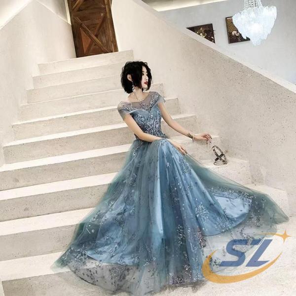 イブニングドレス ロングドレス ブルー シャンパンゴールド スパンコール キラキラ シェンヘン 発表会ドレス ロングパーティードレス 結婚式ドレス 日常使い