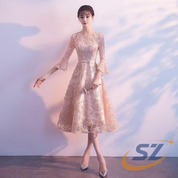 パーティードレス 結婚式 ドレス 袖あり 二次会ドレス フレア ミディアム丈ドレス シェンヘン パーティドレス 二次会 卒業式 成人式 大きいサイズ 日常使い 10,197円
