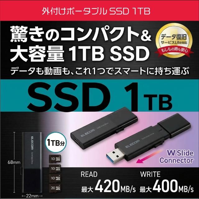 エレコム USB Type-C(TM)/USB-Aコネクター対応外付けポータブルSSD　ESD-EWB1000GBKR　ブラック　SSD：1TB