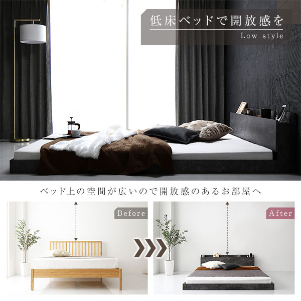 ベッド シングル ポケットコイルマットレス付き ストーングレー 低床 棚付き 宮付き 宮棚付き コンセント付き すのこ フロアベッド ローベッド 低床ベッド すのこベッド すのこベット ローベット フロア ベット シングルベッド シングルベットの通販は