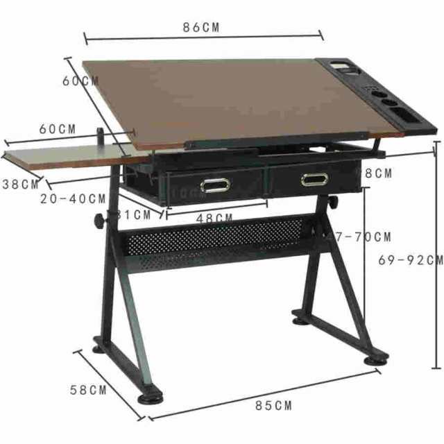 図面テーブル、製図机、調節可能な描画表、高さ調節可能な製図机傾斜可能な卓上製図台、2つの収納引き出し付きアートライティング読書ワークステーション、絵画の通販は