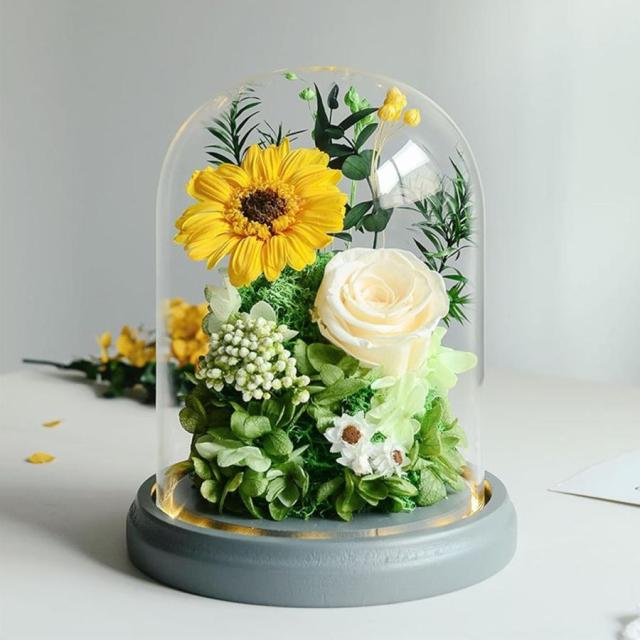 プリザーブドフラワー ガラスドーム プレゼント バラ 枯れない花 向日葵 仏花 仏壇用 LEDライト光る フラワーギフト 誕生日プレゼント 母の日 父の日 敬老の日の通販は