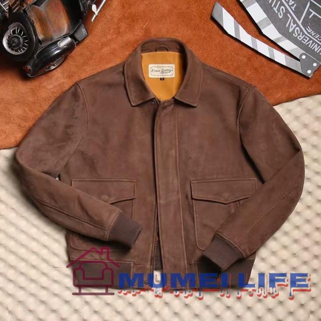 クラシックでレトロなフライトジャケット 襟付き 牛革製のジャケット 男性 キャメルカラーの通販は