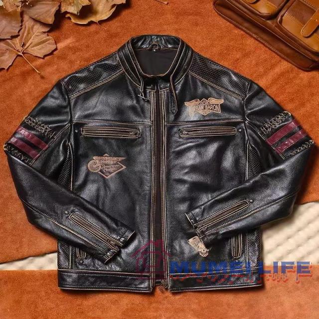 頭層牛革 ライダースジャケット メンズアウター 刺繍 立領 フィット 本革 ショートジャケットの通販は