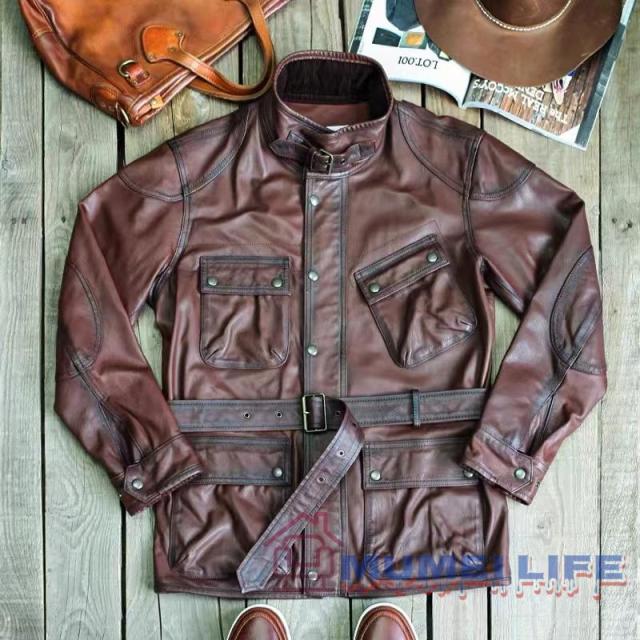 イタリアの無塗料小牛革を使用し 復刻版のパープルラベルRLハンティングジャケット アメカジスタイルのメンズレザージャケット ヴィンテージデザインで 本革製