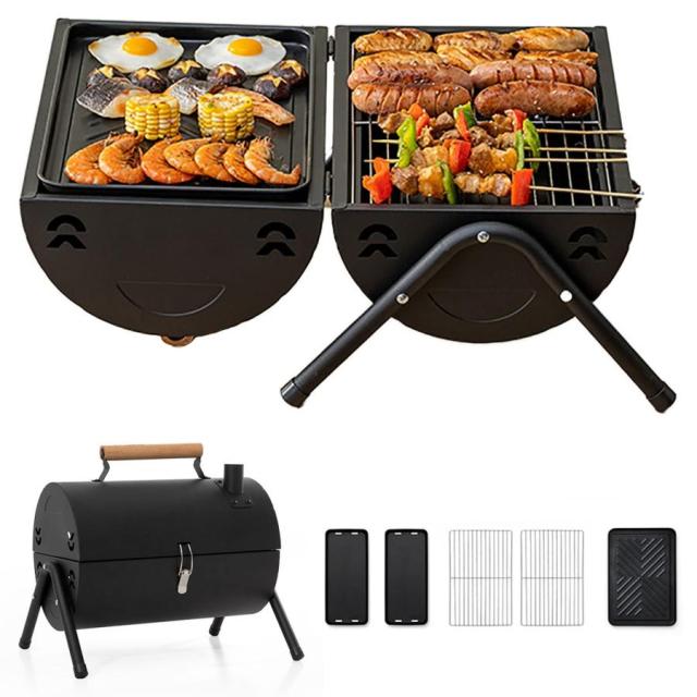 バーベキューコンロ 焚き火台 bbq コンロ 鉄板付き 網付き アウトドア キャンプ 焼き台 軽量 携帯用 焚火台 蒸し焼き 燻製 コンロ蓋付き ステンレス鋼 4~6人用の通販は 6,916円